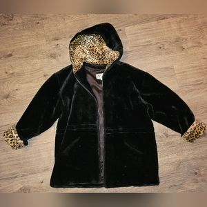 Vintage women's Young Gallery black and leopard Faux fur hooded zip up coat